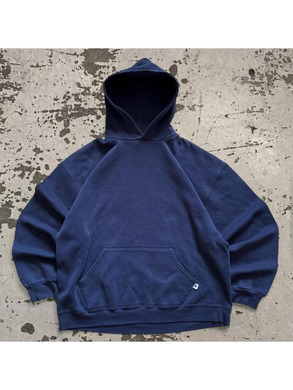 Mens Vintage Y2K heavyweight cotton Navy blue Russell Athletic hoodie SIze XL